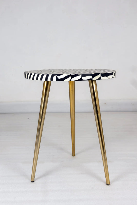 Handmade Bone Inlay Floral Pattern White and Black with Brass Legs Side table Bedside Table - Bone Inlay Furnitures