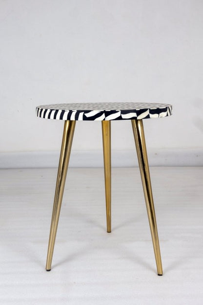 Handmade Bone Inlay Floral Pattern White and Black with Brass Legs Side table Bedside Table - Bone Inlay Furnitures