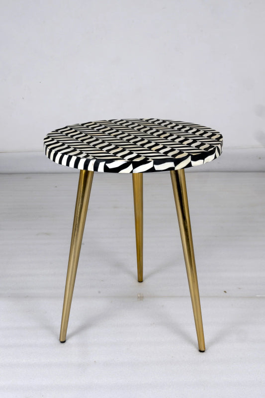 Handmade Bone Inlay Floral Pattern White and Black with Brass Legs Side table Bedside Table - Bone Inlay Furnitures