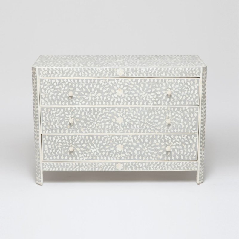 Handmade Bone Inlay Floral Three Drawer Dresser Grey Color | Bedroom Storage Unit Chest of Drawers - Bone Inlay Furnitures