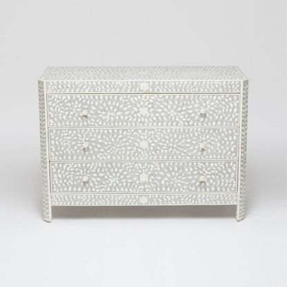 Handmade Bone Inlay Floral Three Drawer Dresser Grey Color | Bedroom Storage Unit Chest of Drawers - Bone Inlay Furnitures