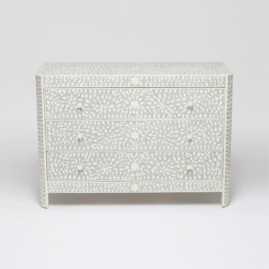 Handmade Bone Inlay Floral Three Drawer Dresser Grey Color | Bedroom Storage Unit Chest of Drawers - Bone Inlay Furnitures