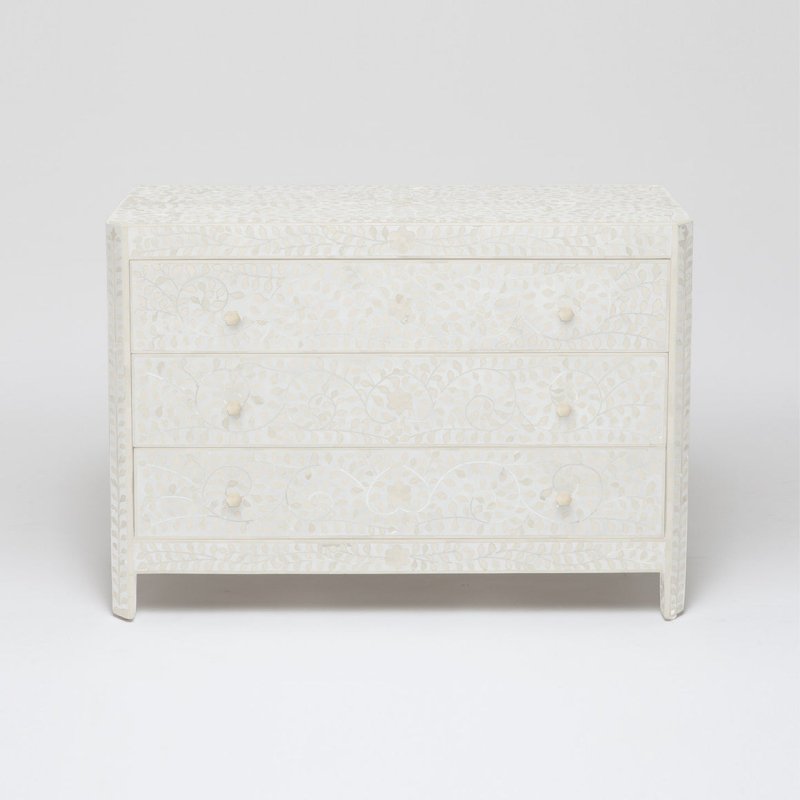 Handmade Bone Inlay Floral Three Drawer Dresser Grey Color | Bedroom Storage Unit Chest of Drawers - Bone Inlay Furnitures