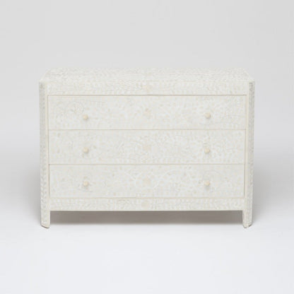 Handmade Bone Inlay Floral Three Drawer Dresser Grey Color | Bedroom Storage Unit Chest of Drawers - Bone Inlay Furnitures