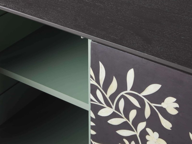 Handmade Bone Inlay Flower Design Media Console in Black Color | Bone Inlay TV unit Media Console - Bone Inlay Furnitures