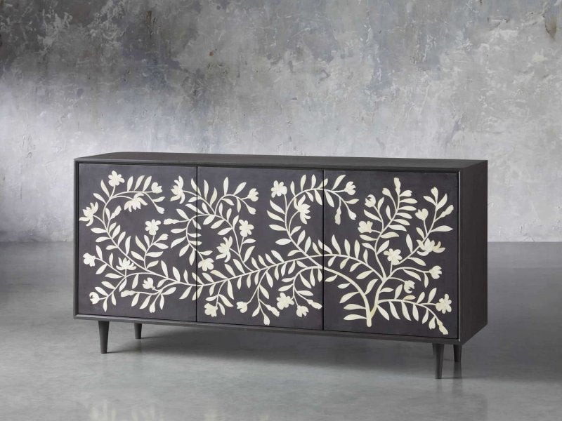 Handmade Bone Inlay Flower Design Media Console in Black Color | Bone Inlay TV unit Media Console - Bone Inlay Furnitures
