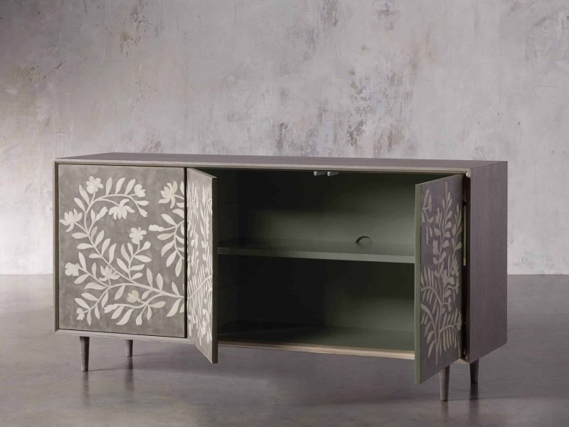 Handmade Bone Inlay Flower Design Media Console in Black Color | Bone Inlay TV unit Media Console - Bone Inlay Furnitures