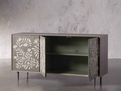 Handmade Bone Inlay Flower Design Media Console in Black Color | Bone Inlay TV unit Media Console - Bone Inlay Furnitures