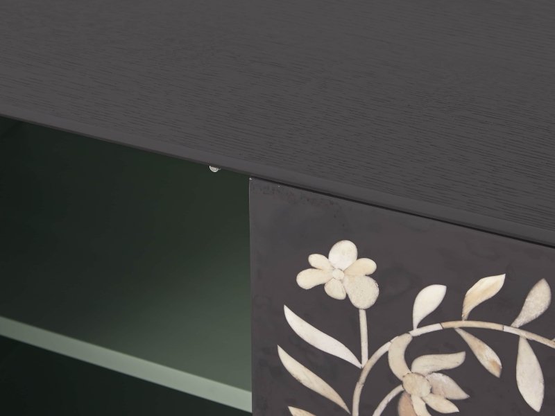 Handmade Bone Inlay Flower Design Two Door Storage Cabinet Entryway Cabinet in Black Color Cabinet - Bone Inlay Furnitures