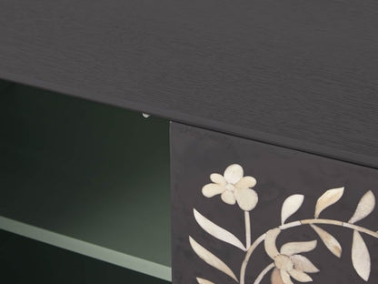 Handmade Bone Inlay Flower Design Two Door Storage Cabinet Entryway Cabinet in Black Color Cabinet - Bone Inlay Furnitures