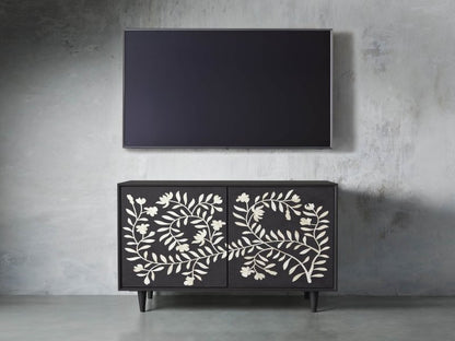 Handmade Bone Inlay Flower Design Two Door Storage Cabinet Entryway Cabinet in Black Color Cabinet - Bone Inlay Furnitures