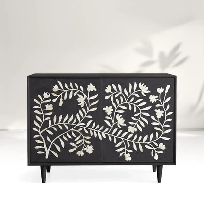 Handmade Bone Inlay Flower Design Two Door Storage Cabinet Entryway Cabinet in Black Color Cabinet - Bone Inlay Furnitures