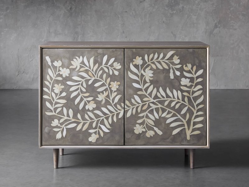 Handmade Bone Inlay Flower Design Two Door Storage Cabinet Entryway Cabinet in Black Color Cabinet - Bone Inlay Furnitures