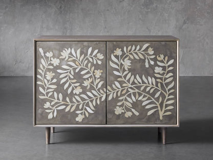 Handmade Bone Inlay Flower Design Two Door Storage Cabinet Entryway Cabinet in Black Color Cabinet - Bone Inlay Furnitures