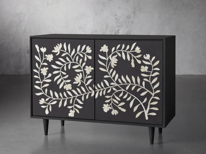 Handmade Bone Inlay Flower Design Two Door Storage Cabinet Entryway Cabinet in Black Color Cabinet - Bone Inlay Furnitures