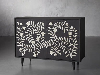 Handmade Bone Inlay Flower Design Two Door Storage Cabinet Entryway Cabinet in Black Color Cabinet - Bone Inlay Furnitures
