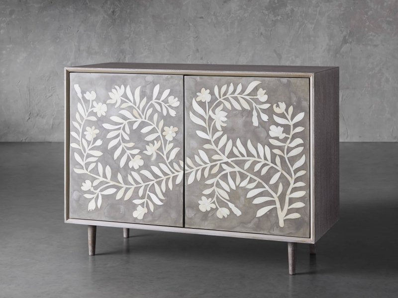 Handmade Bone Inlay Flower Design Two Door Storage Cabinet Entryway Cabinet in Black Color Cabinet - Bone Inlay Furnitures