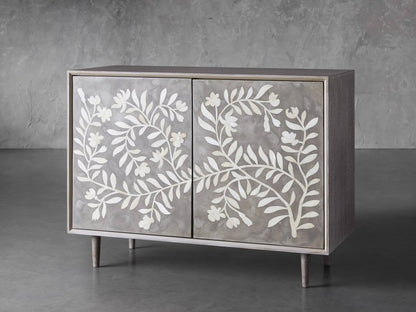 Handmade Bone Inlay Flower Design Two Door Storage Cabinet Entryway Cabinet in Black Color Cabinet - Bone Inlay Furnitures