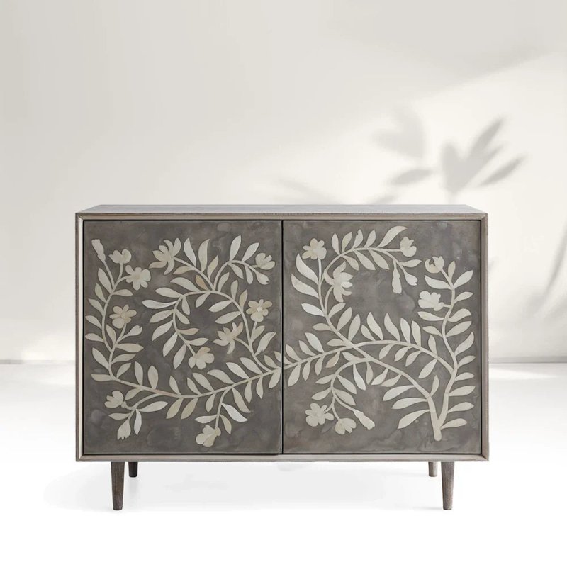 Handmade Bone Inlay Flower Design Two Door Storage Cabinet Entryway Cabinet in Black Color Cabinet - Bone Inlay Furnitures