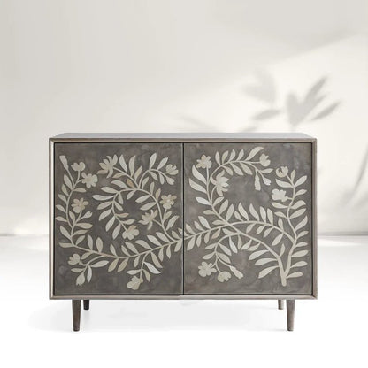 Handmade Bone Inlay Flower Design Two Door Storage Cabinet Entryway Cabinet in Black Color Cabinet - Bone Inlay Furnitures