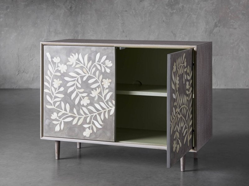 Handmade Bone Inlay Flower Design Two Door Storage Cabinet Entryway Cabinet in Black Color Cabinet - Bone Inlay Furnitures