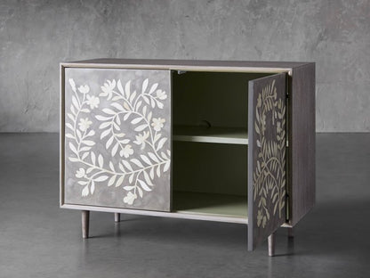 Handmade Bone Inlay Flower Design Two Door Storage Cabinet Entryway Cabinet in Black Color Cabinet - Bone Inlay Furnitures