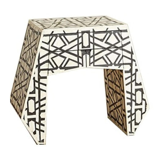 Handmade Bone Inlay Geometric Design Three Drawer Side Table in Black and White Nightstand - Bone Inlay Furnitures