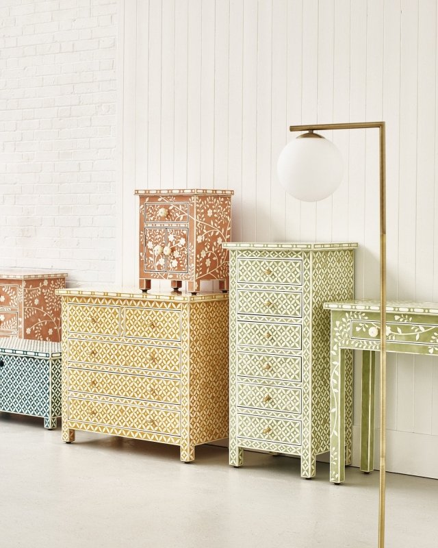 Handmade Bone Inlay Geometric Patterned Dresser in Yellow Color | Bedroom Chest of 5 Drawers Chest of Drawers - Bone Inlay Furnitures