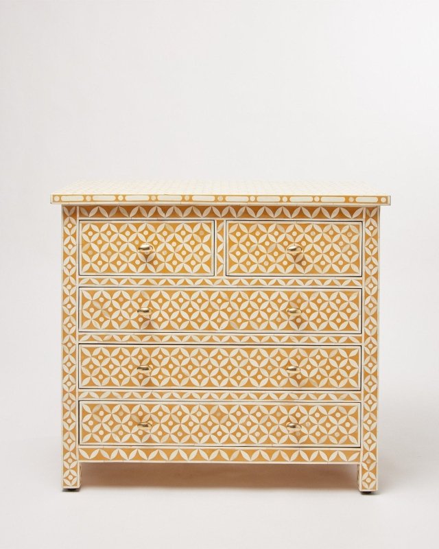 Handmade Bone Inlay Geometric Patterned Dresser in Yellow Color | Bedroom Chest of 5 Drawers Chest of Drawers - Bone Inlay Furnitures