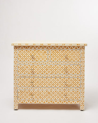 Handmade Bone Inlay Geometric Patterned Dresser in Yellow Color | Bedroom Chest of 5 Drawers Chest of Drawers - Bone Inlay Furnitures
