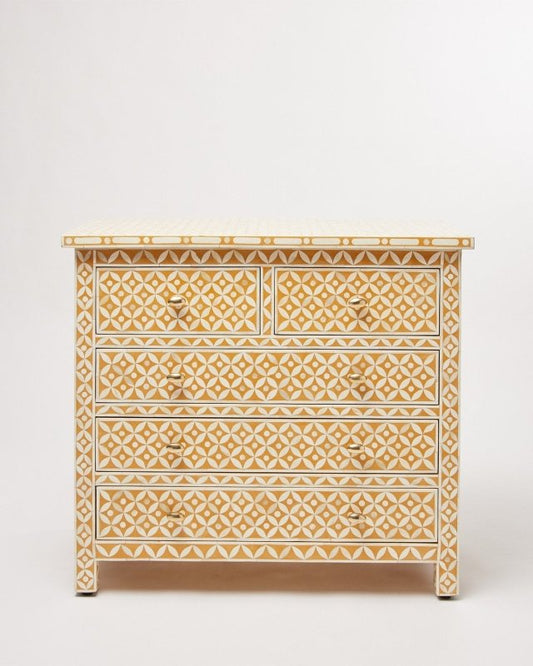 Handmade Bone Inlay Geometric Patterned Dresser in Yellow Color | Bedroom Chest of 5 Drawers Chest of Drawers - Bone Inlay Furnitures