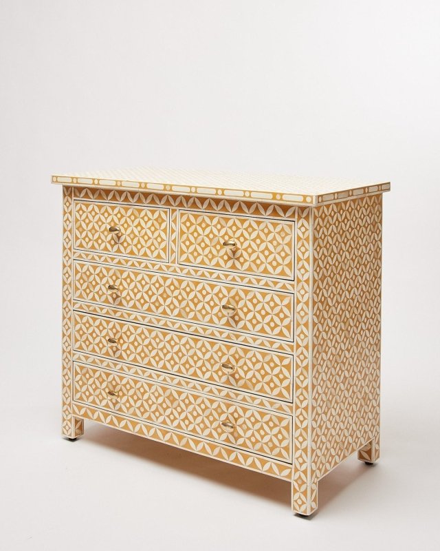 Handmade Bone Inlay Geometric Patterned Dresser in Yellow Color | Bedroom Chest of 5 Drawers Chest of Drawers - Bone Inlay Furnitures