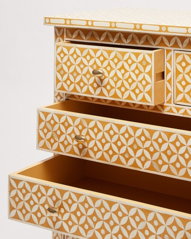 Handmade Bone Inlay Geometric Patterned Dresser in Yellow Color | Bedroom Chest of 5 Drawers Chest of Drawers - Bone Inlay Furnitures