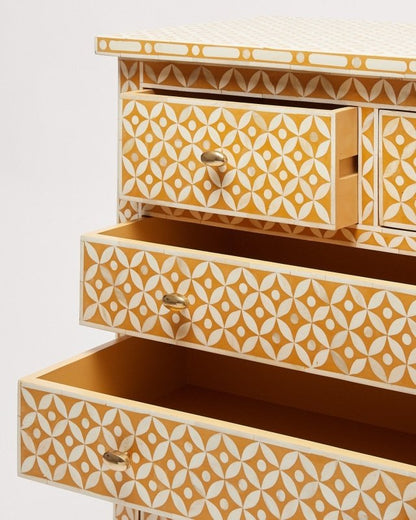 Handmade Bone Inlay Geometric Patterned Dresser in Yellow Color | Bedroom Chest of 5 Drawers Chest of Drawers - Bone Inlay Furnitures