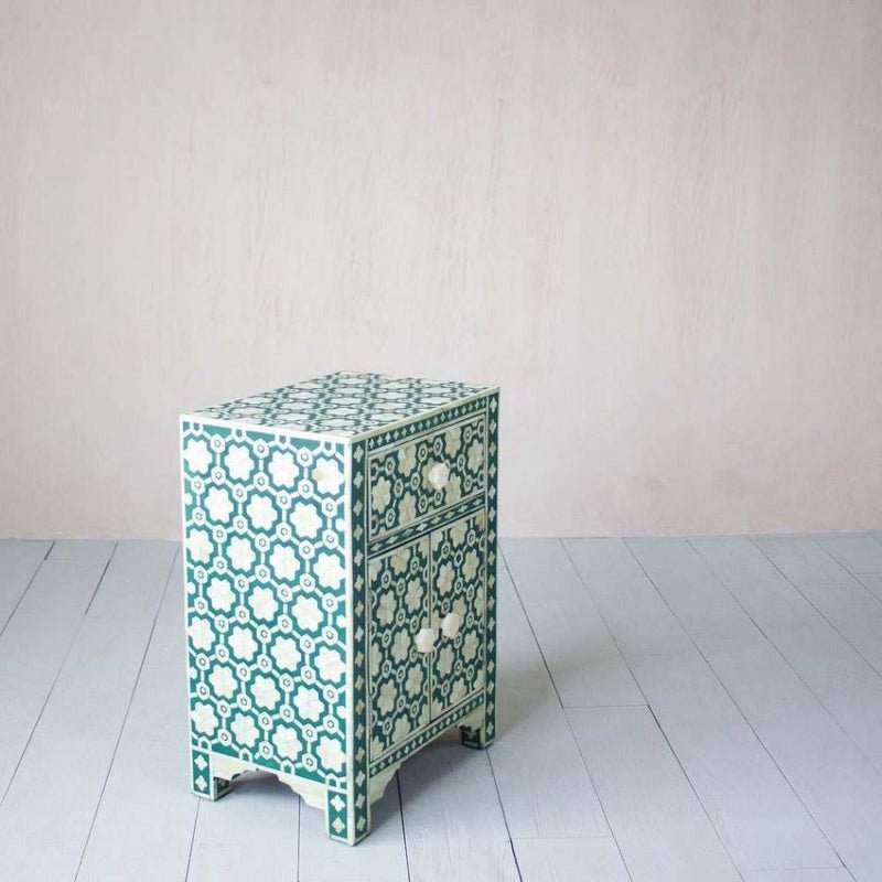 Handmade Bone Inlay Green Color Floral Bedside Nightstand with One Drawer and Two Door Nightstand - Bone Inlay Furnitures