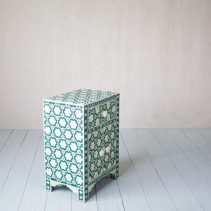 Handmade Bone Inlay Green Color Floral Bedside Nightstand with One Drawer and Two Door Nightstand - Bone Inlay Furnitures