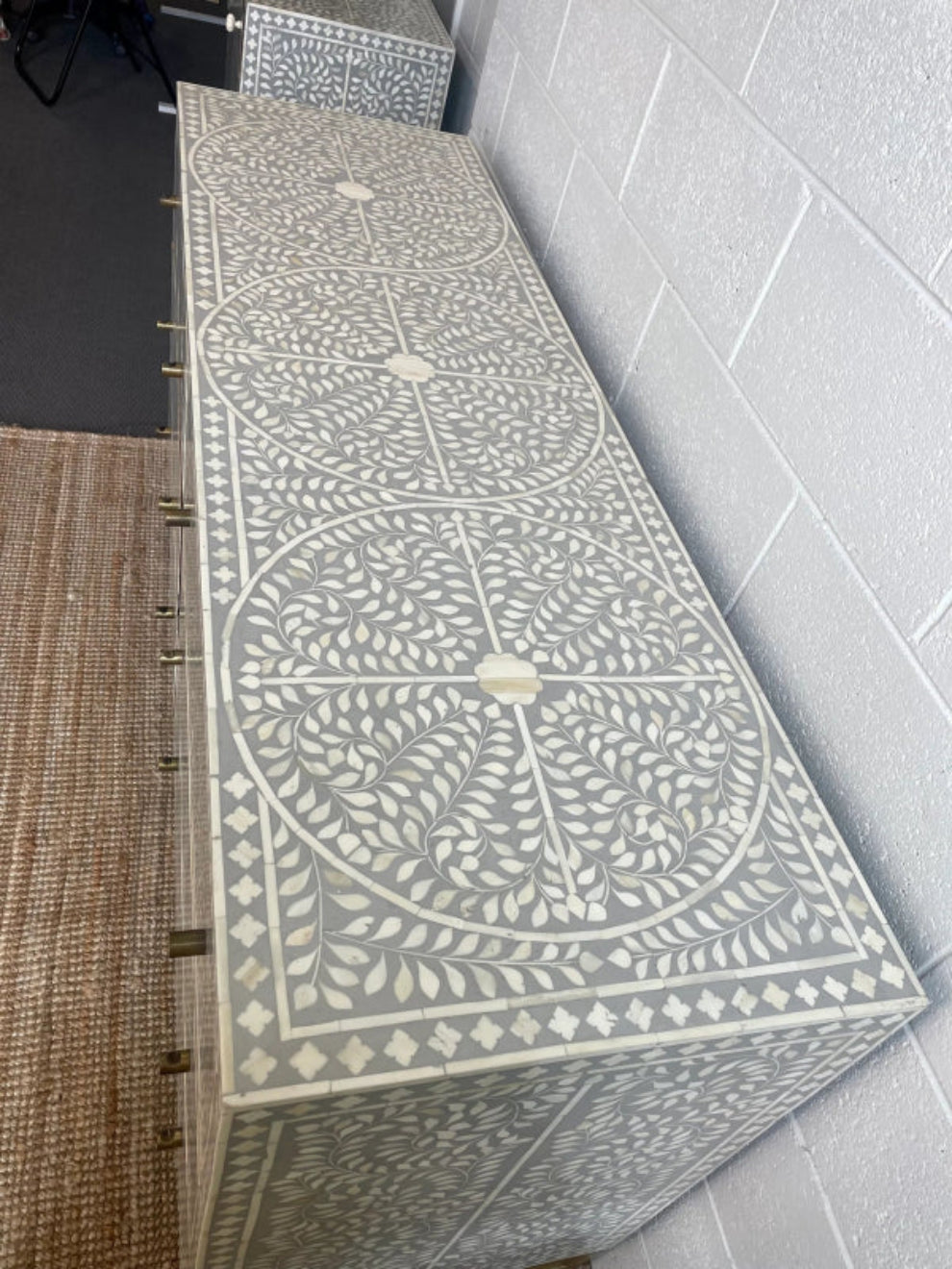 Handmade Bone Inlay Grey Scroll Vine Chest of 6 Drawers