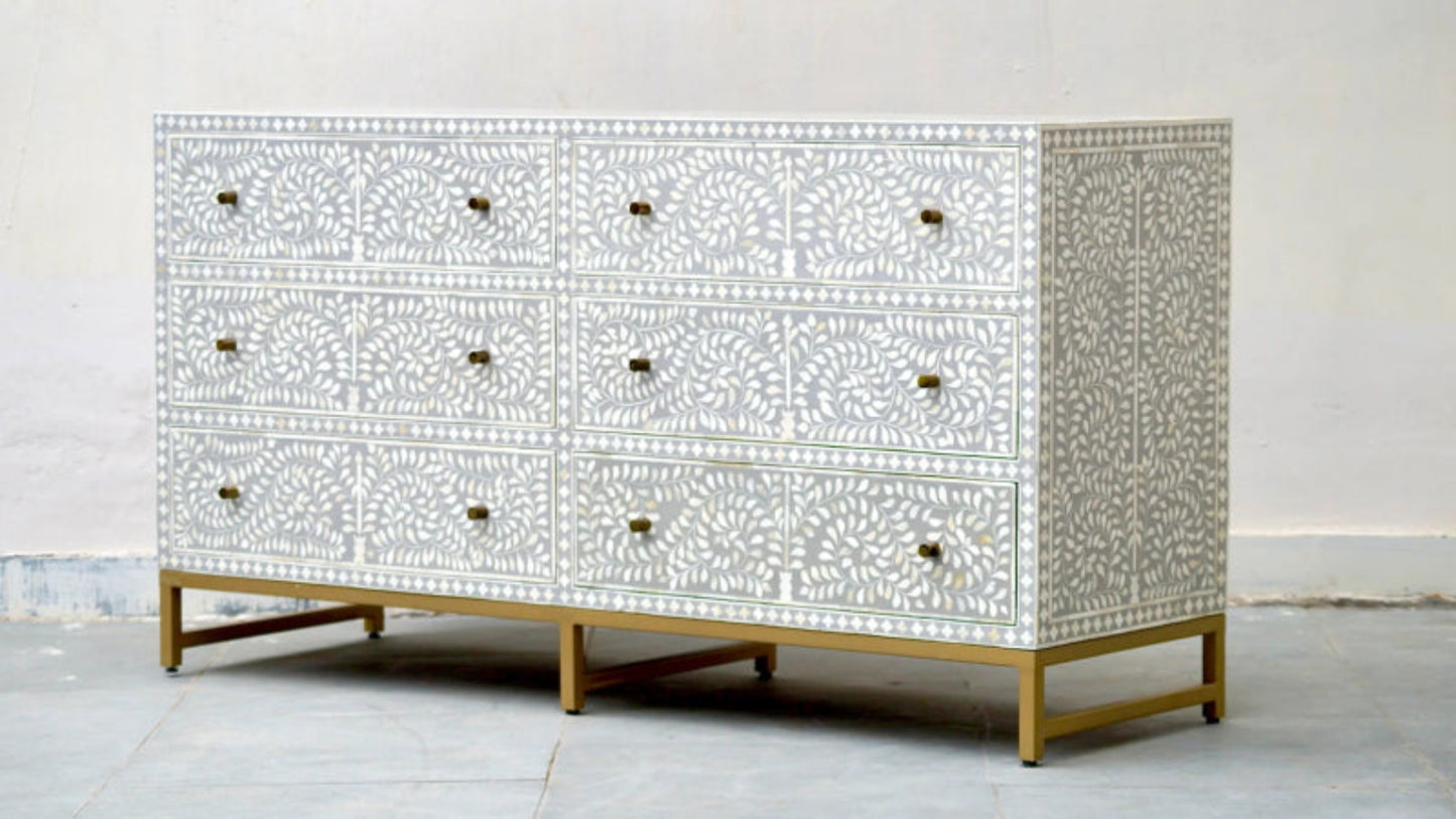 Handmade Bone Inlay Grey Scroll Vine Chest of 6 Drawers | Handmade Indian Furniture Chest of Drawers - Bone Inlay Furniture