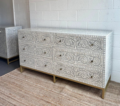Handmade Bone Inlay Grey Scroll Vine Chest of 6 Drawers | Handmade Indian Furniture Chest of Drawers - Bone Inlay Furniture