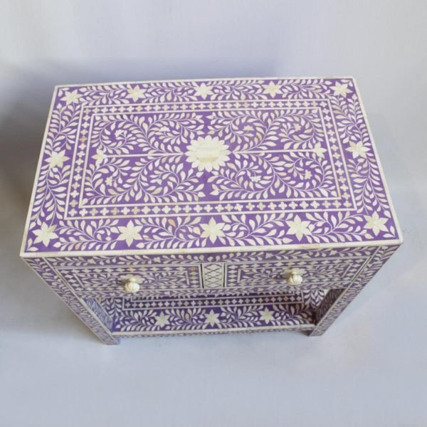 Handmade Bone Inlay Lavender Color Two Drawer Floral Design Bedside Table Nightstand - Bone Inlay Furnitures
