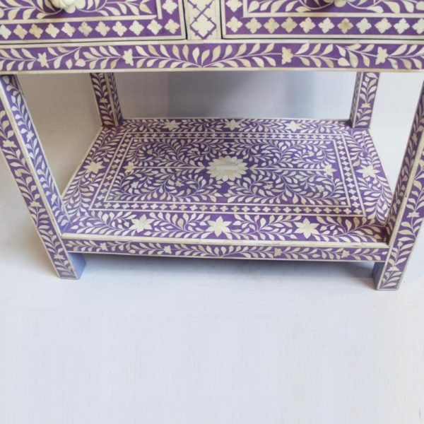 Handmade Bone Inlay Lavender Color Two Drawer Floral Design Bedside Table Nightstand - Bone Inlay Furnitures