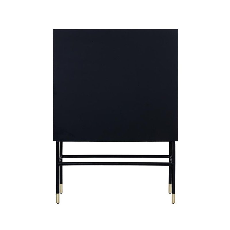 Rear view of solid mango wood bone inlay bar cabinet with matte black finish, black metal crossbar frame, and polished gold leg tip caps on a plain white background