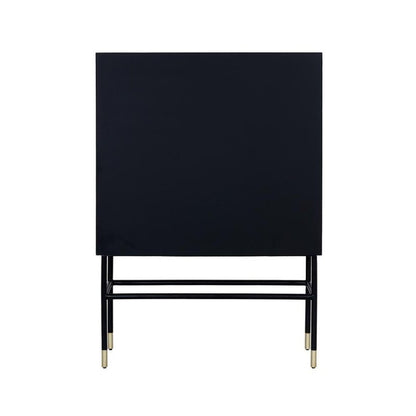 Rear view of solid mango wood bone inlay bar cabinet with matte black finish, black metal crossbar frame, and polished gold leg tip caps on a plain white background