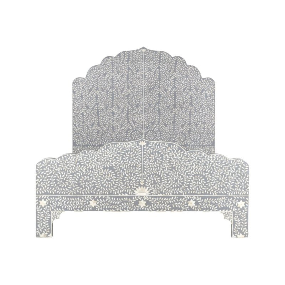 Handcrafted grey bone inlay bed with Mughal scalloped arched headboard featuring white floral vine trailing pattern and star motifs on solid mango wood frame