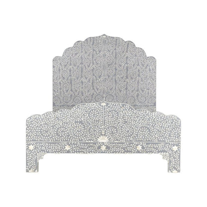 Handcrafted grey bone inlay bed with Mughal scalloped arched headboard featuring white floral vine trailing pattern and star motifs on solid mango wood frame