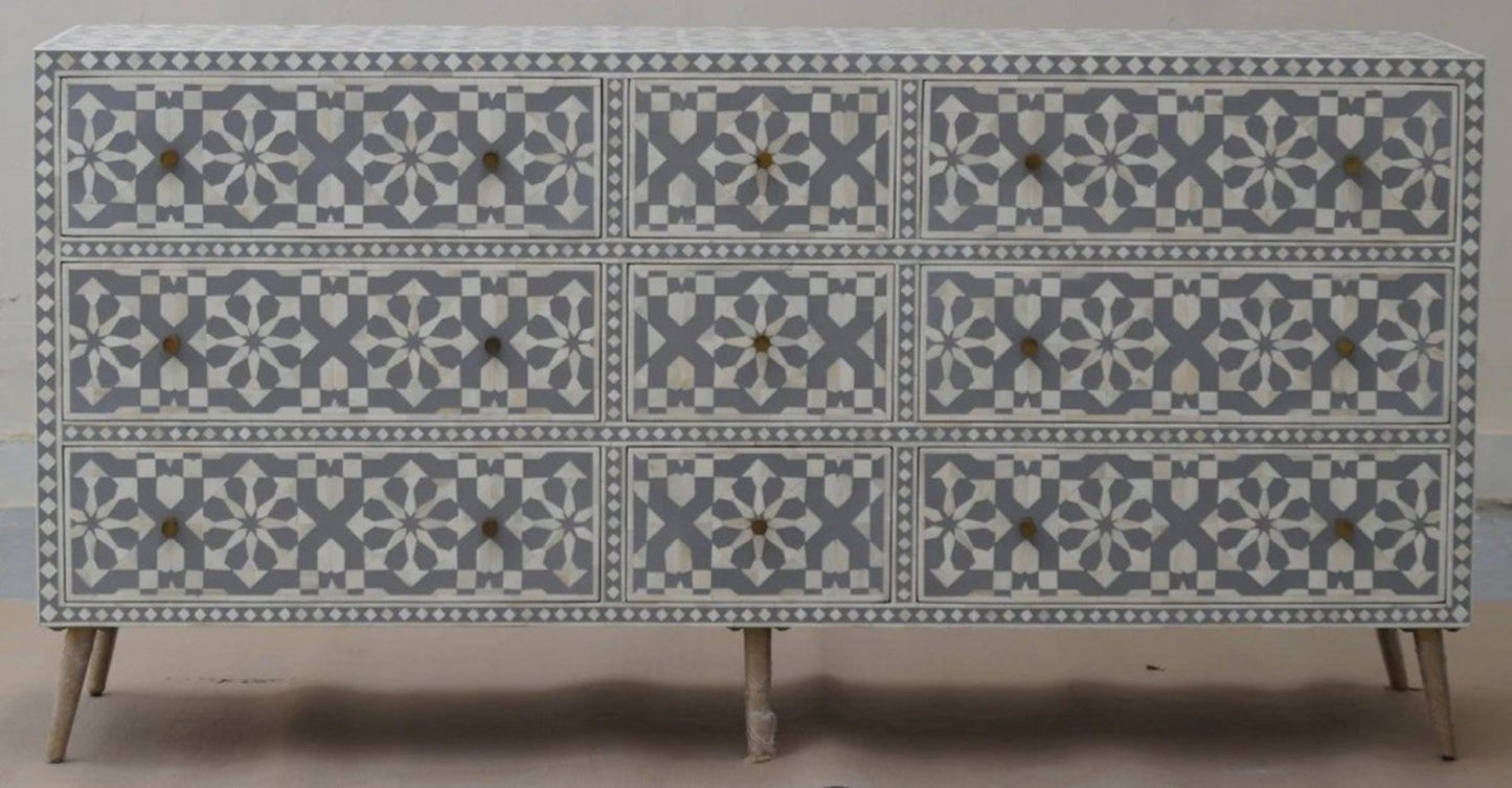 Handmade Bone Inlay Moroccan Design Grey Chest of Nine Drawers Dresser 