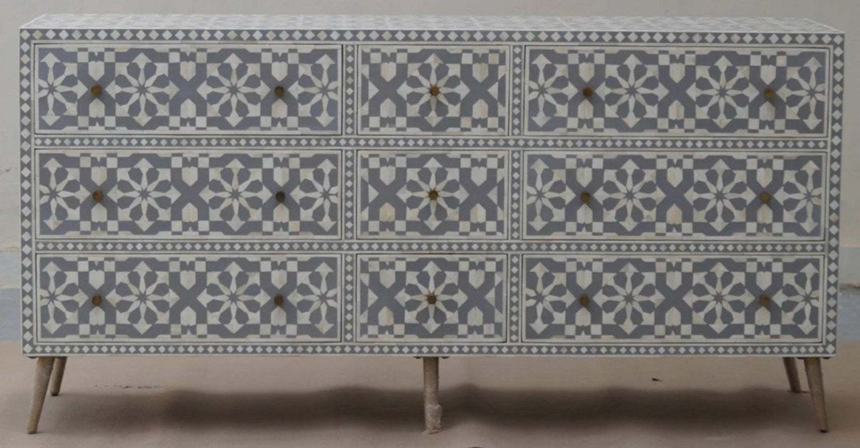 Handmade Bone Inlay Moroccan Design Grey Chest of Nine Drawers Dresser 