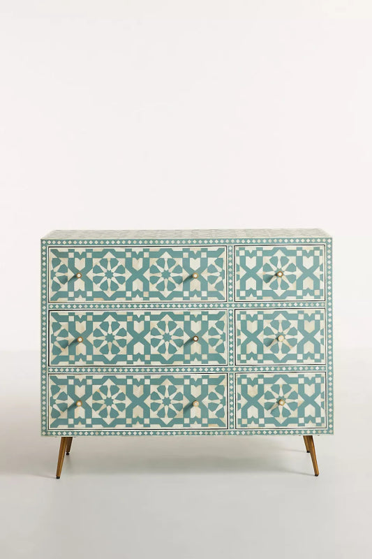 Teal Moroccan Star Bone Inlay 6-Drawer Dresser | Brass Legs Bone Inlay Furnitures Teal Moroccan Star Bone Inlay 6-Drawer Dresser | Brass Legs Bone Inlay Furnitures