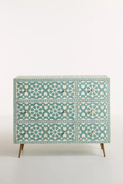 Handmade Bone Inlay Moroccan Chest of Six Drawer Dresser Storage Unit Turquoise Chest of Drawers - Bone Inlay Furnitures