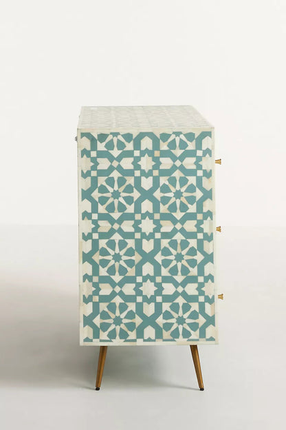 Handmade Bone Inlay Moroccan Chest of Six Drawer Dresser Storage Unit Turquoise Chest of Drawers - Bone Inlay Furnitures